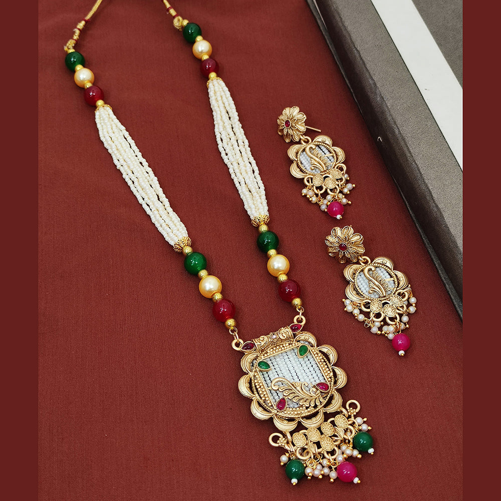 Khodiyar Gold Plated Pota And Pearl Long Necklace Set