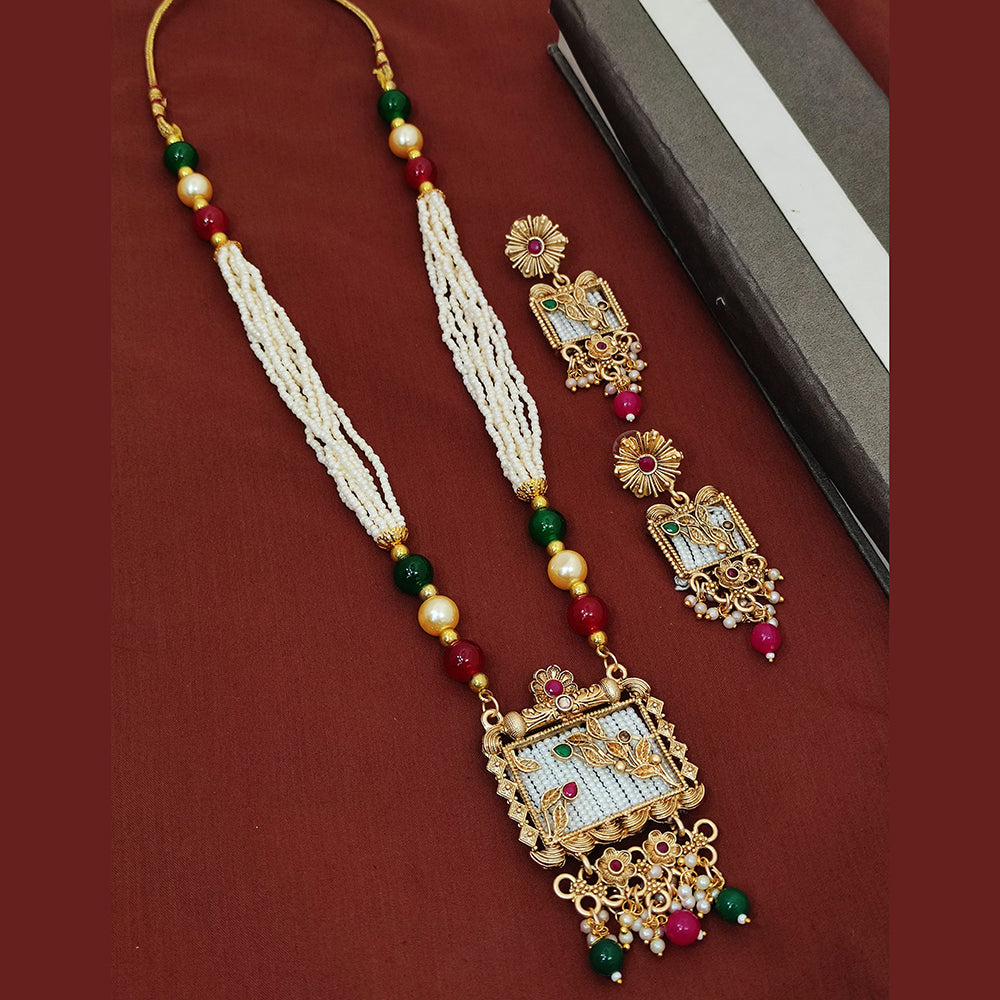 Khodiyar Gold Plated Pota And Pearl Long Necklace Set