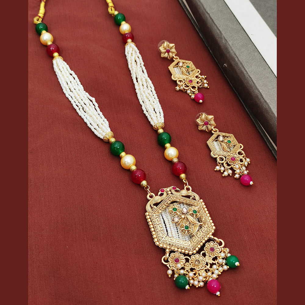 Khodiyar Gold Plated Pota And Pearl Long Necklace Set