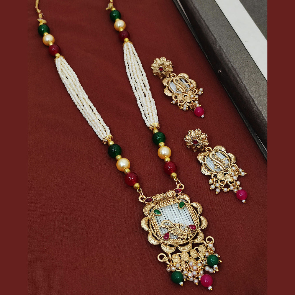 Khodiyar Gold Plated Pota And Pearl Long Necklace Set