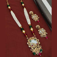 Khodiyar Gold Plated Pota And Pearl Long Necklace Set 