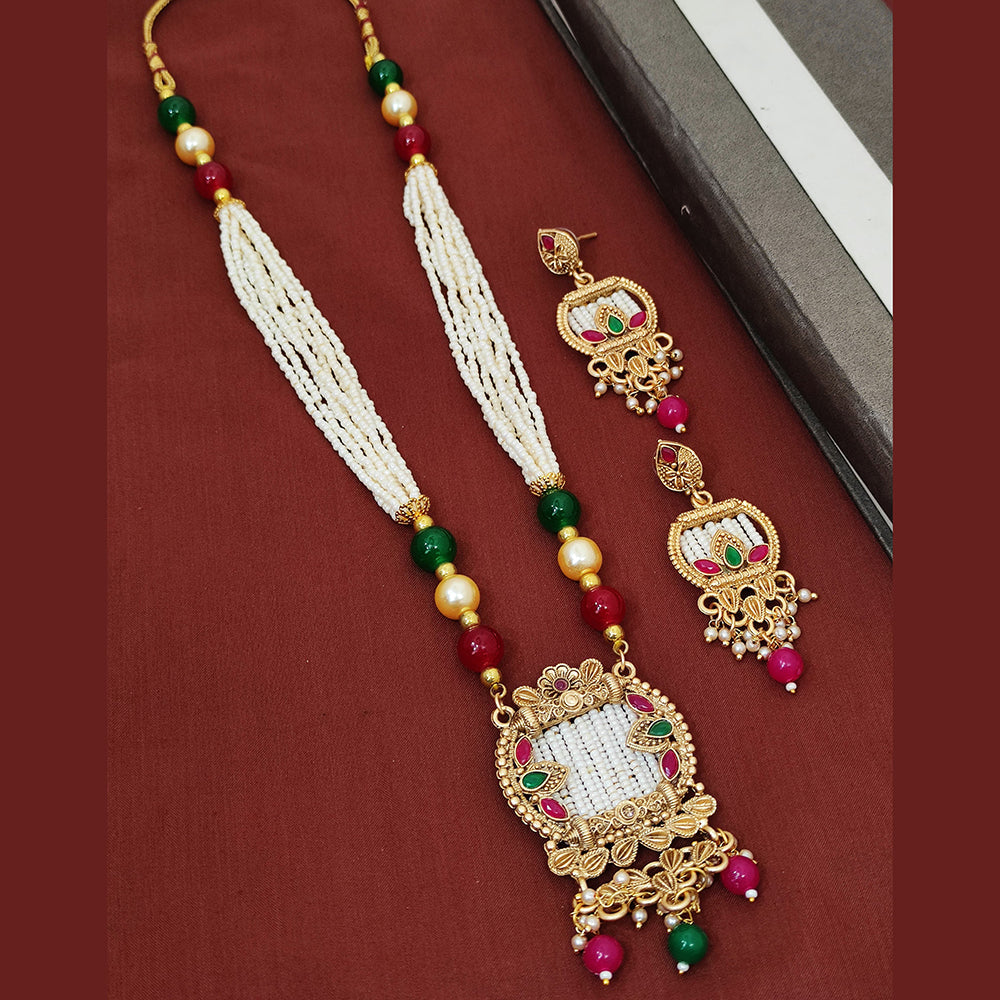 Khodiyar Gold Plated Pota And Pearl Long Necklace Set