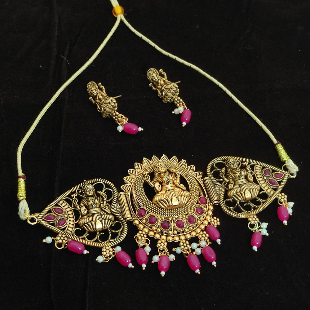 Khodiyar Gold Plated Crystal And Beads Temple Choker Necklace Set