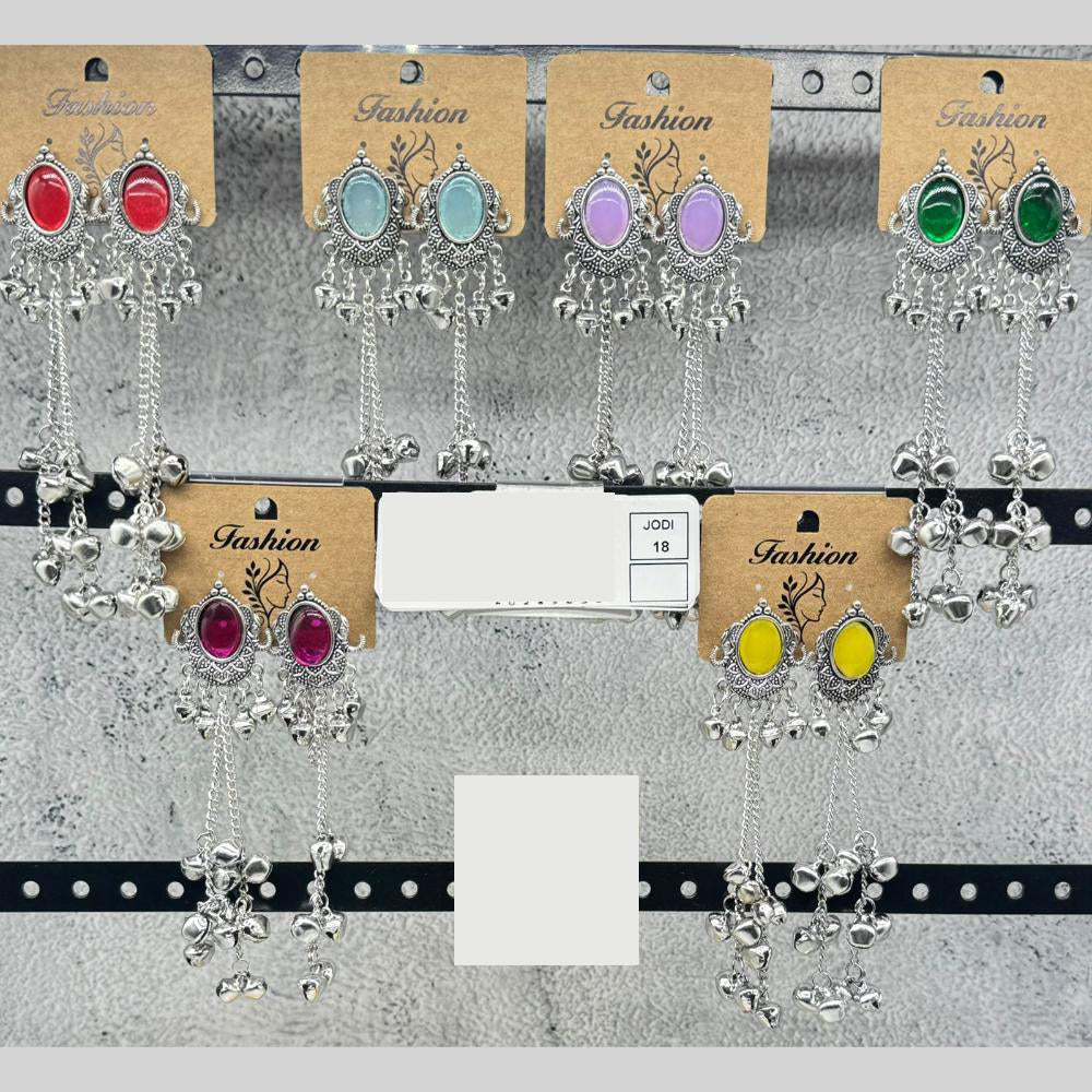Raj Imitation Oxidised Plated Pota Stone And Ghungroo Kashmiri Dangler Earrings for Women (Pack of 18)