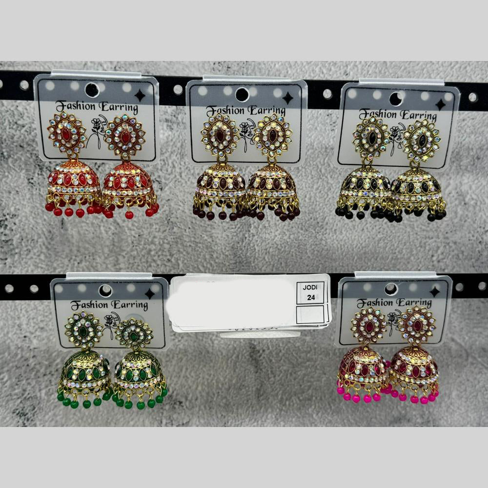 Raj Imitation Traditional Pota Stone And Austrian Pearl Jhumki Earrings for Women (Set of 24)