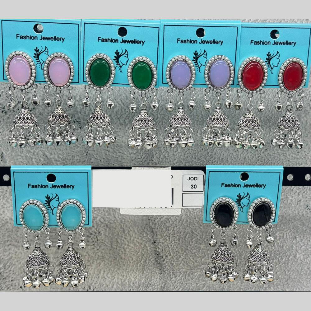 Raj Imitation Oxidised Pota Stone And Ghungroo Jhumki Earrings (Set of 30)