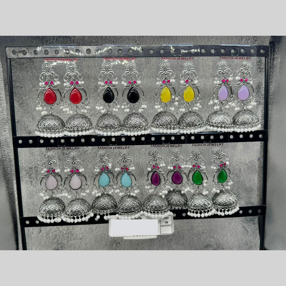 Raj Imitation Oxidised Pota Stone And Pearl Jhumki Earrings (Set of 16)