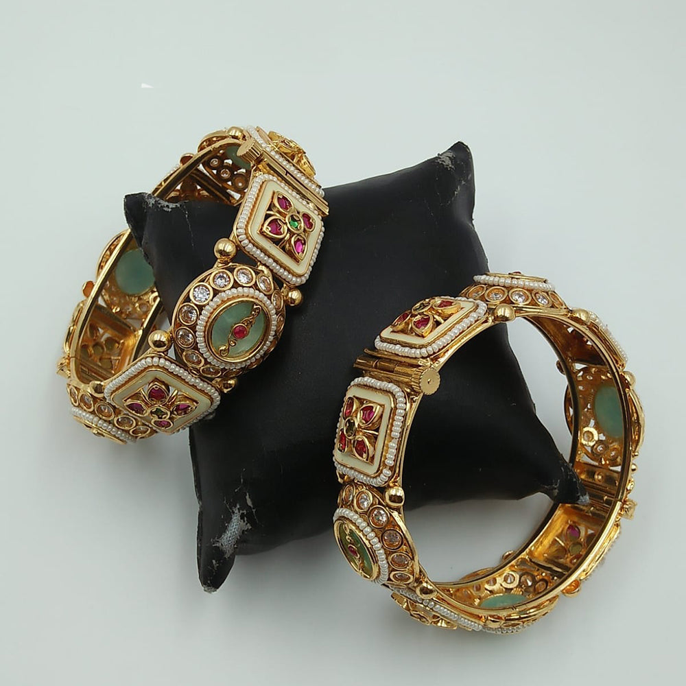 Tanish Art Jewellery Timeless Pota Stone And Pearl Openable Bangles Set