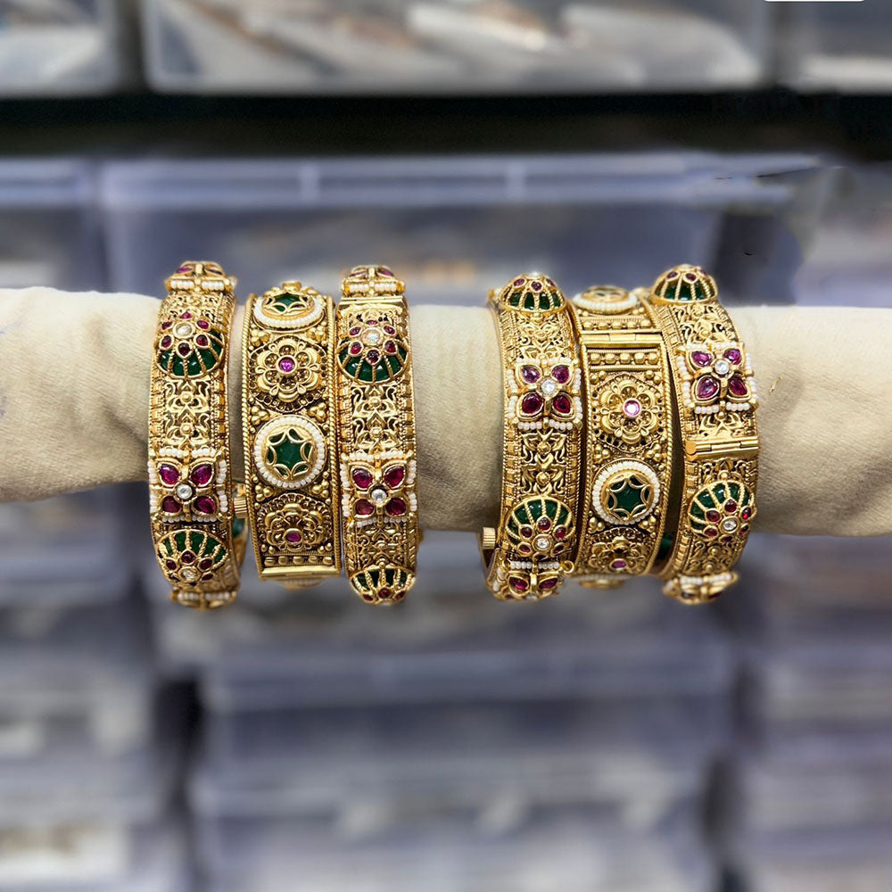 Tanish Art Jewellery Pota Stone And Pearl Royal Openable Bangles Set