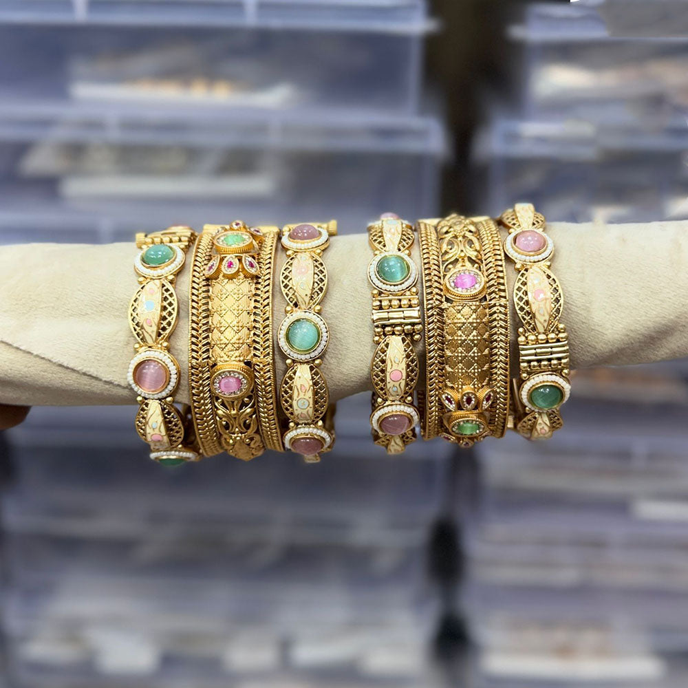 Tanish Art Jewellery Pota Stone And Meenakari Designer Openable Bangles Set