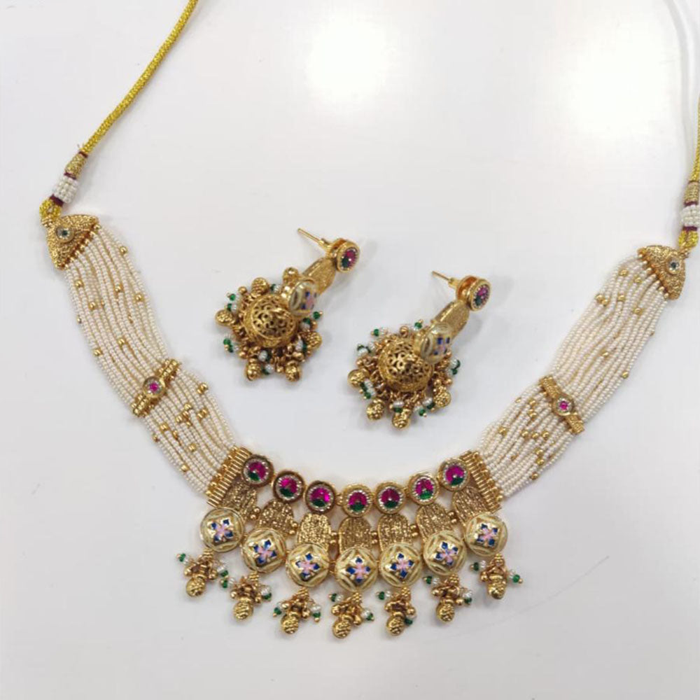 Tanish Art Jewellery Luxury Pota Stone And Pearl Meenakari Traditional Necklace Set 