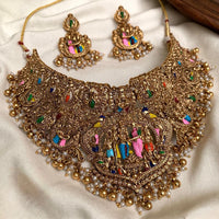 Tanish Art Jewellery Pearl And Beads Heritage Meenakari Temple Choker Necklace Set 