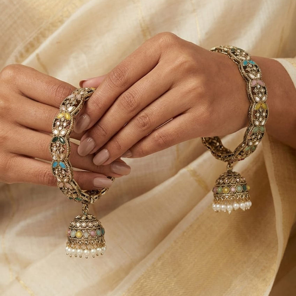 Tanish Art Jewellery Stylish Pota Stone And Pearl Bangles Set