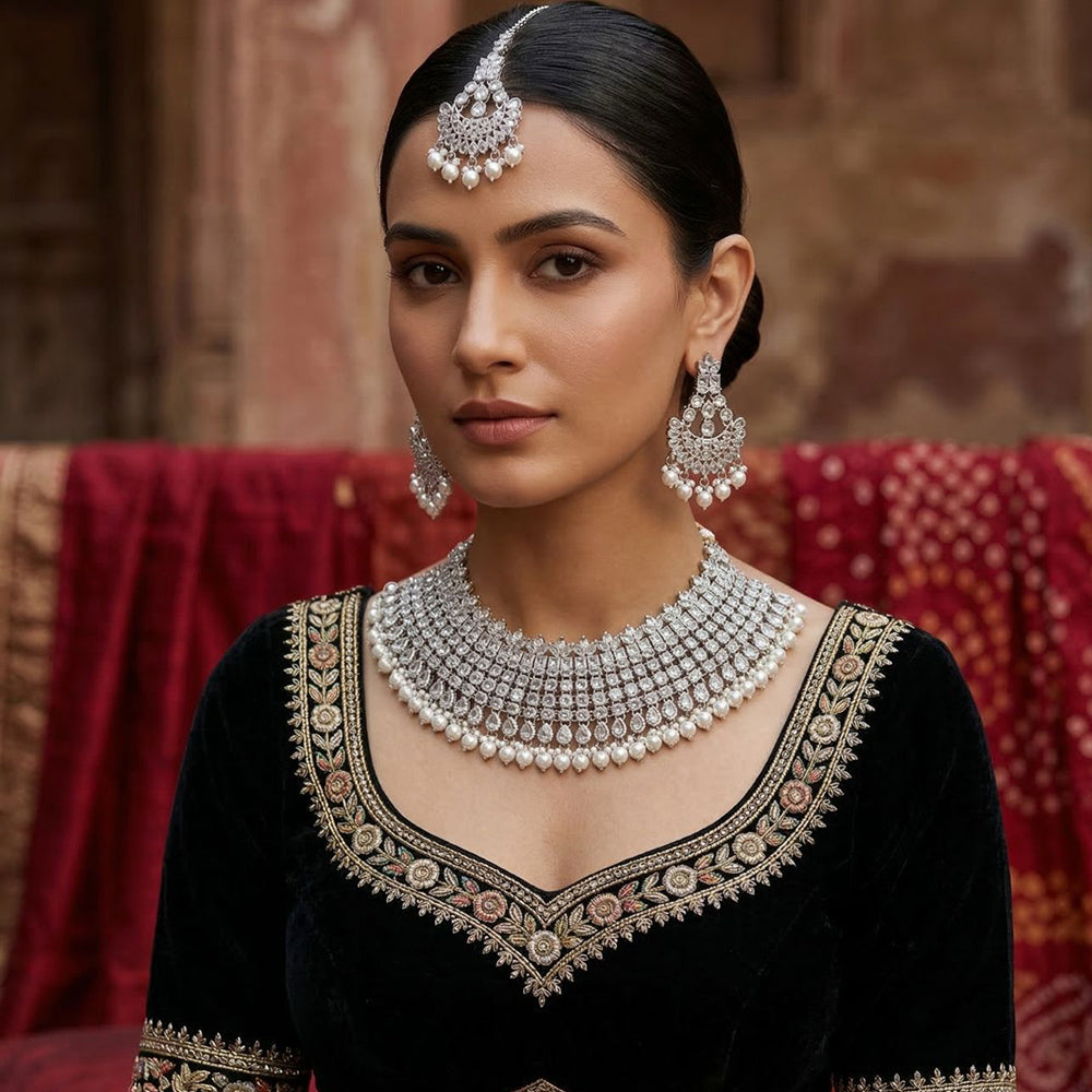 Tanish Art Jewellery Glamorous American Diamond Choker Pearl Necklace Set