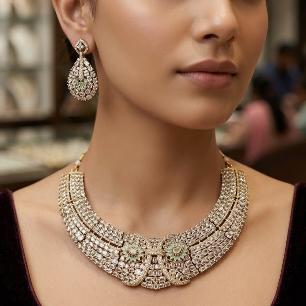 Tanish Art Jewellery Gold Plated Stunning American Diamond Royal Necklace Set