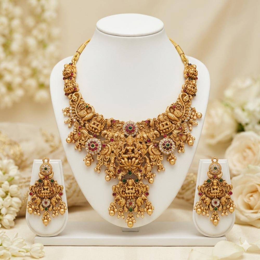 Tanish Art Jewellery Pota Stone And Pearl Temple Designer Necklace Set
