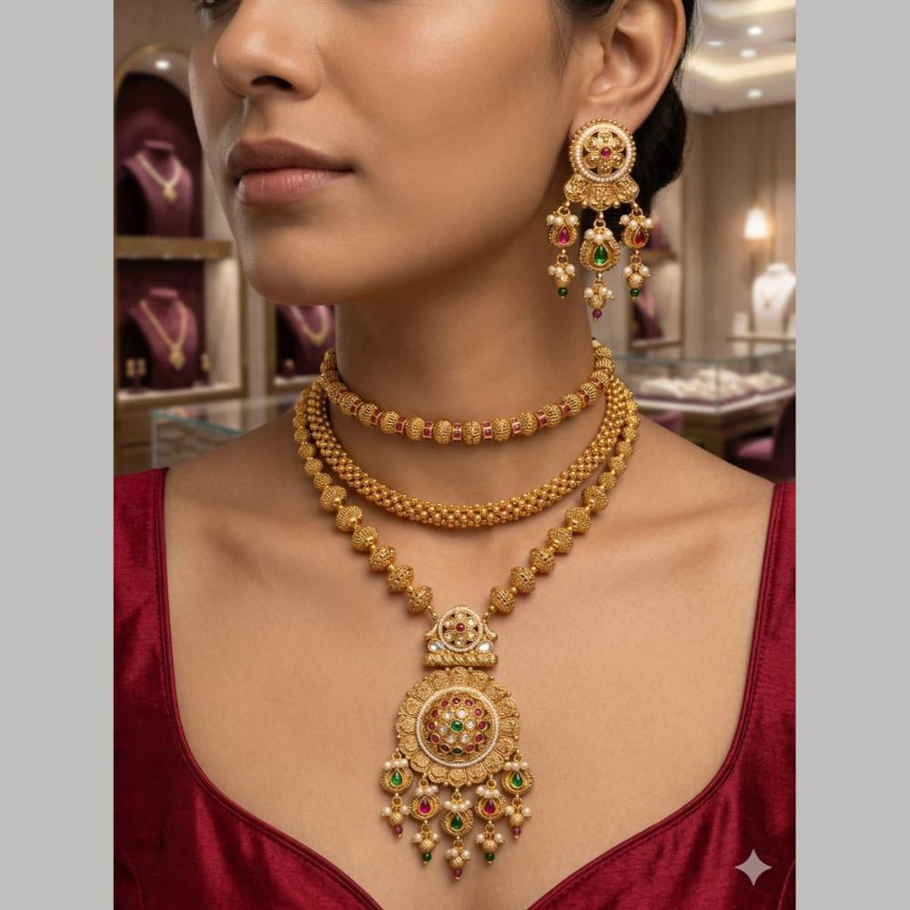 Tanish Art Jewellery Elegant Pota Stone And Pearl Triple Layer Necklace Set for Women