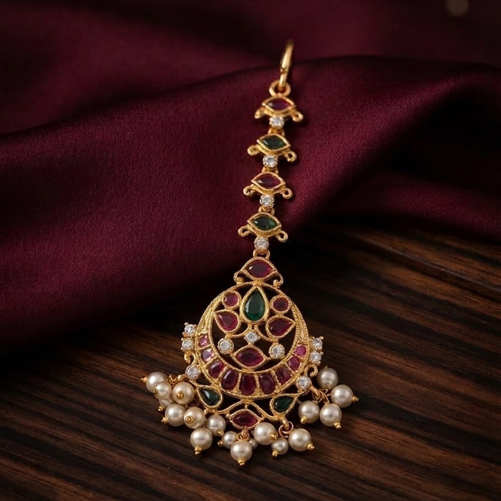 Tanish Art Jewellery Grand Pota Stone And Pearl Maangtikka