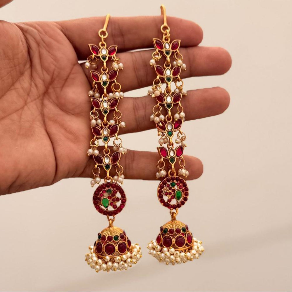 Tanish Art Jewellery Designer Pota Stone Pearl Kan Chain Jhumki Earrings