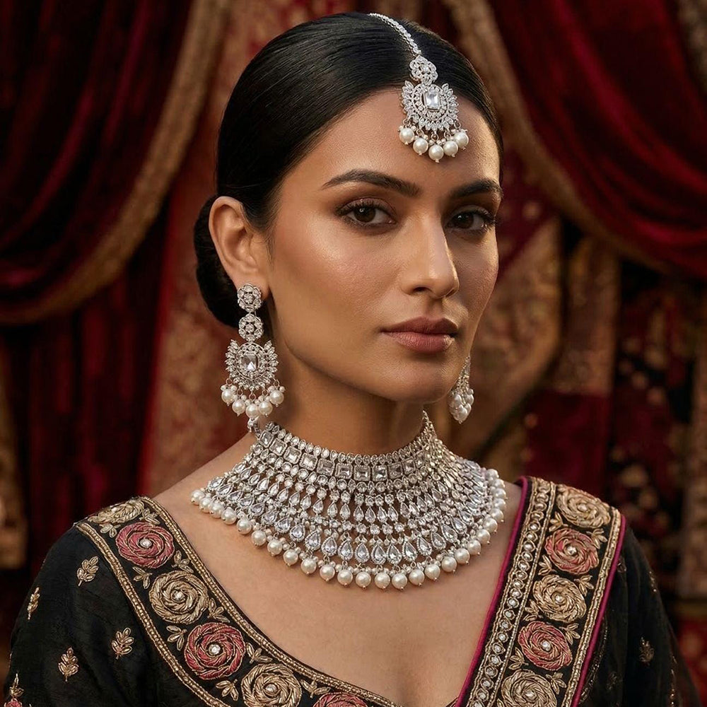 Tanish Art Jewellery Statement Austrian Stone And Pearl Choker Neckalce Set 