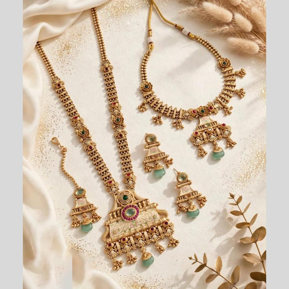 Tanish Art Jewellery Traditional Pota Stone And Beads Meenakari Double Necklace Set