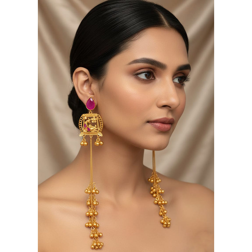ZF Collection Designer Kashmiri Pota Stone And Ghungharoo Long Dangler Earrings