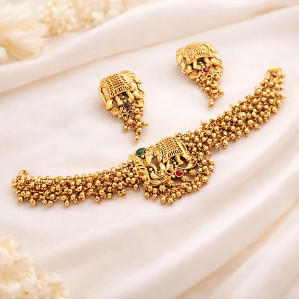 ZF Collection Heritage Elephant Motif Pota Stone And Pearl Choker Necklace Set