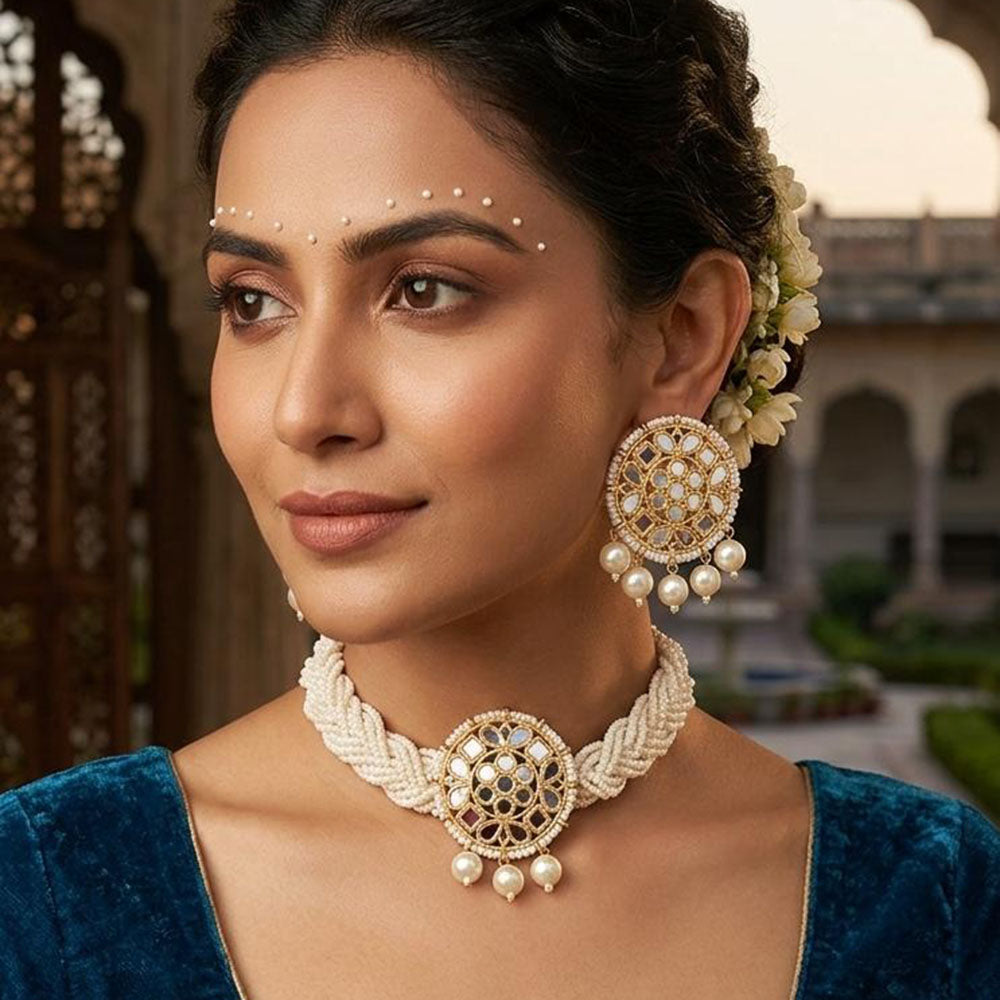 ZF Collection Elegant Mirror And Pearl Choker Necklace Set