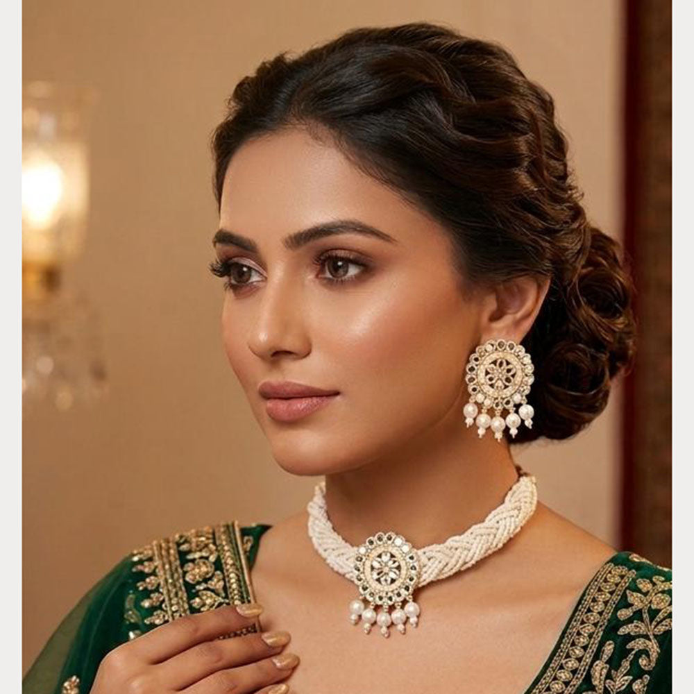 ZF Collection Elegant Mirror And Pearl Choker Necklace Set