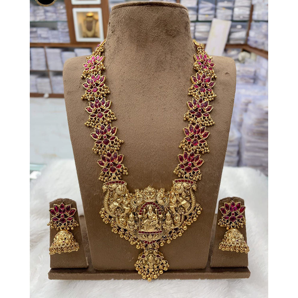 Ridhi Art Jewellery South Indian Pota Stone And Pearl Long Temple Necklace Set