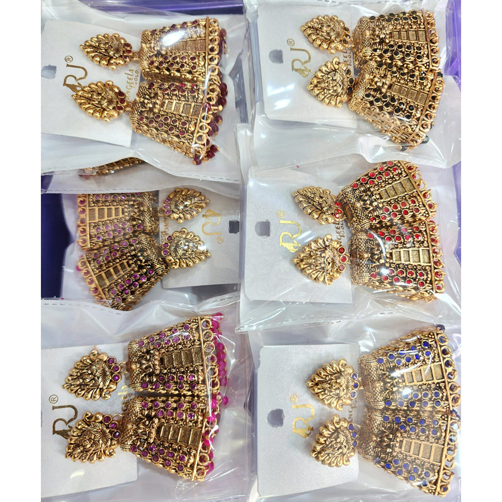 Rekha Gold Pota Stone And Pearl Temple Designer Dangler Earrings (Pack of 24)
