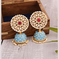 Viraasi Kundan Stone And Pearl Meenakari Jhumki Earrings 