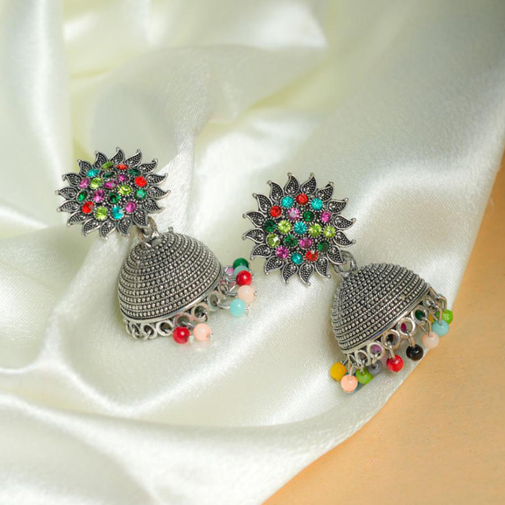 Viraasi Ethnic Oxidised Plated Austrian Stone And Pearl Jhumki Earrings 