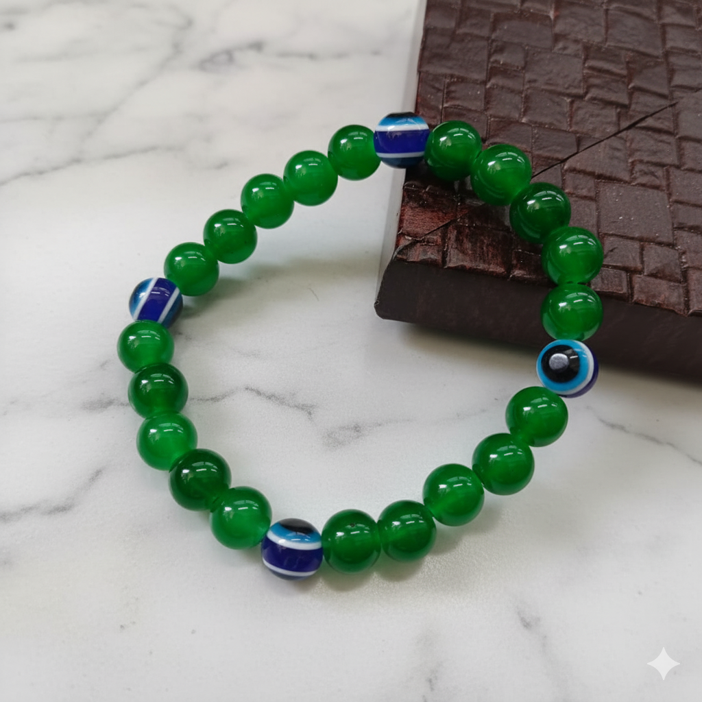 Urthn Trendy Green Beaded Bracelet with Blue Evil Eye Beads ( pack of 6 )