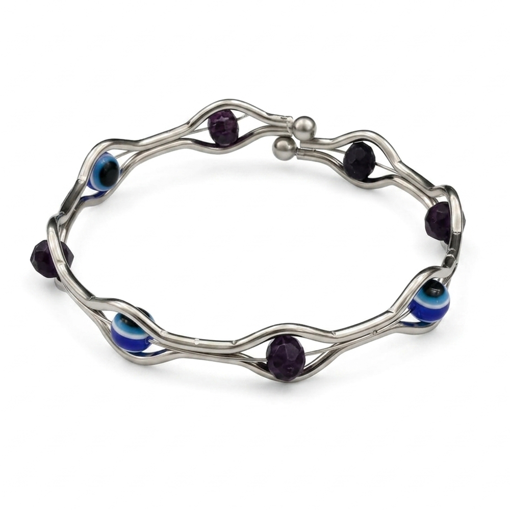 Urthn Silver-Tone Evil Eye Beaded Adjustable Kada Bracelet(Pack of 6)