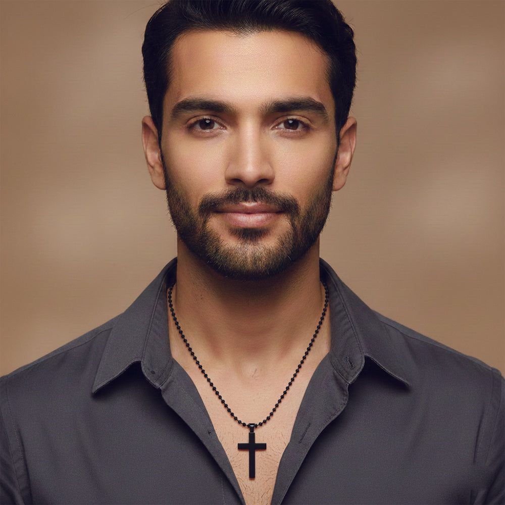 Urthn Stylish Black Cross Pendant with Beaded Chain  for Men's (Pack Of 6)