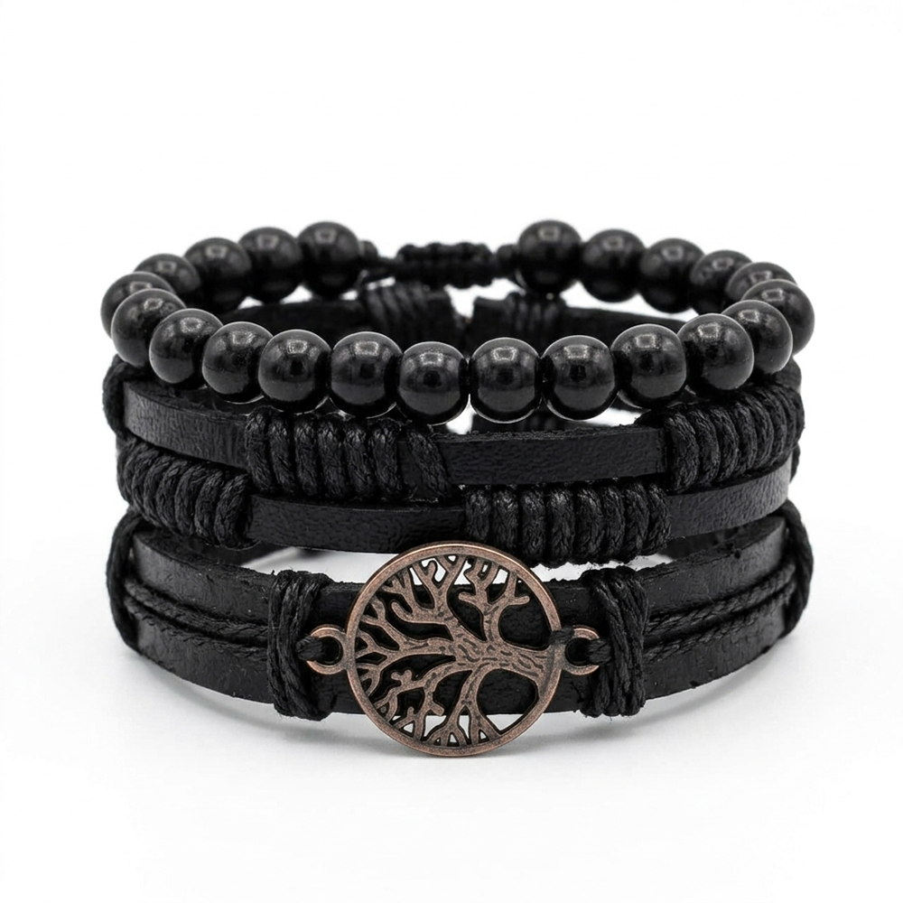 Urthn Layered Beaded Charm Bracelet with Woven Strap Design For Men (Set of 6)