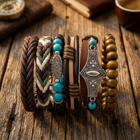 Urthn Layered Beaded Charm Bracelet with Woven Strap Design For Men (Set of 6)