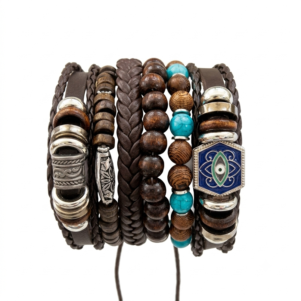 Urthn Layered Beaded Charm Bracelet with Woven Strap Design For Men (Set of 6)