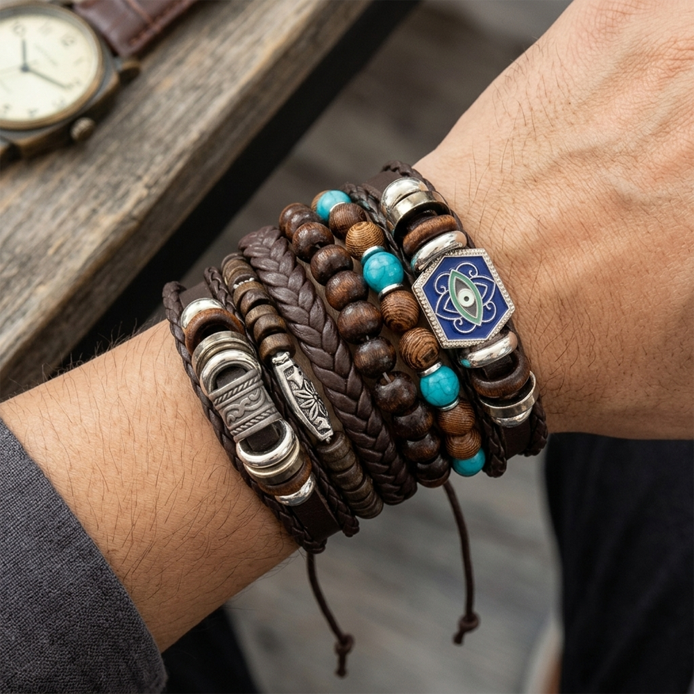 Urthn Layered Beaded Charm Bracelet with Woven Strap Design