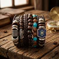 Urthn Layered Beaded Charm Bracelet with Woven Strap Design For Men (Set of 6)