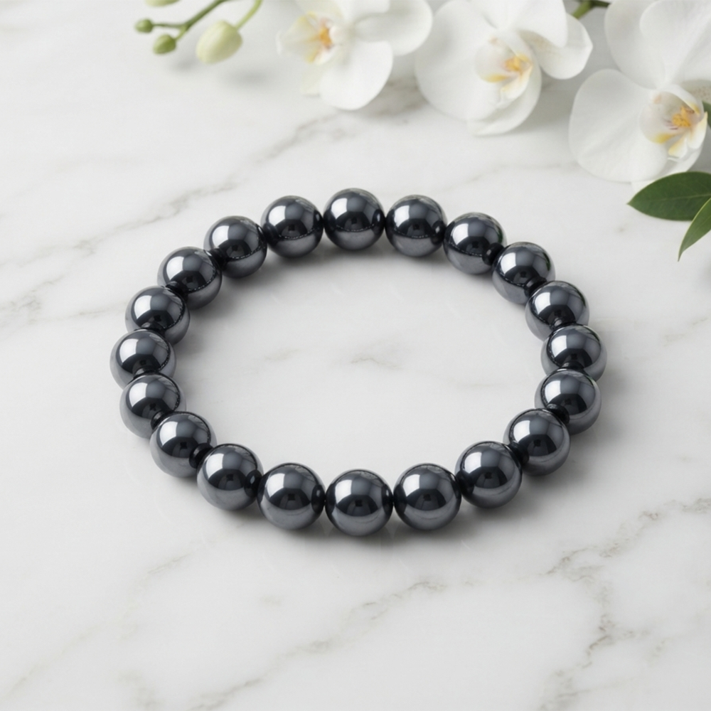 Urthn Natural Hematite Beads Stretch Bracelet for Men & Women(Pack of 6)