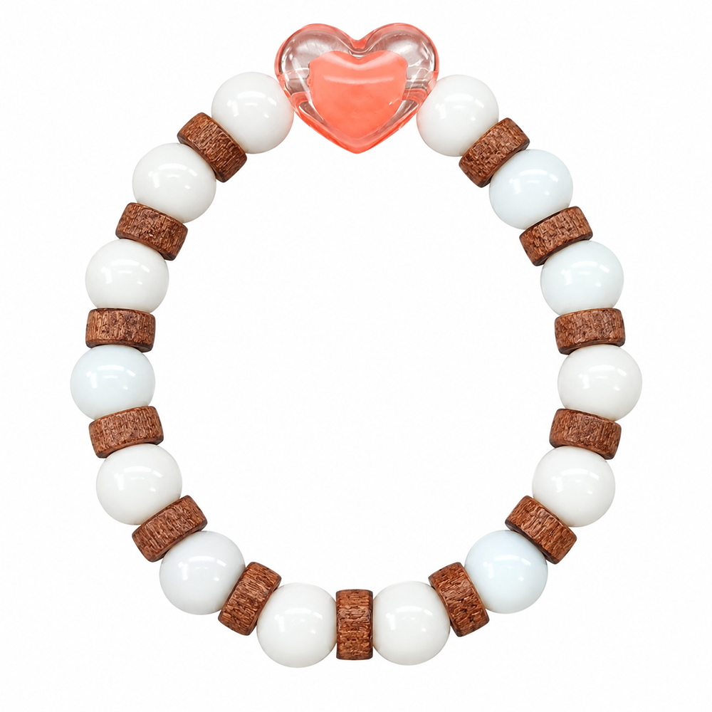 Urthn White Beaded Bracelet with Heart Charm & Wooden Bead Accents(Pack of 12)