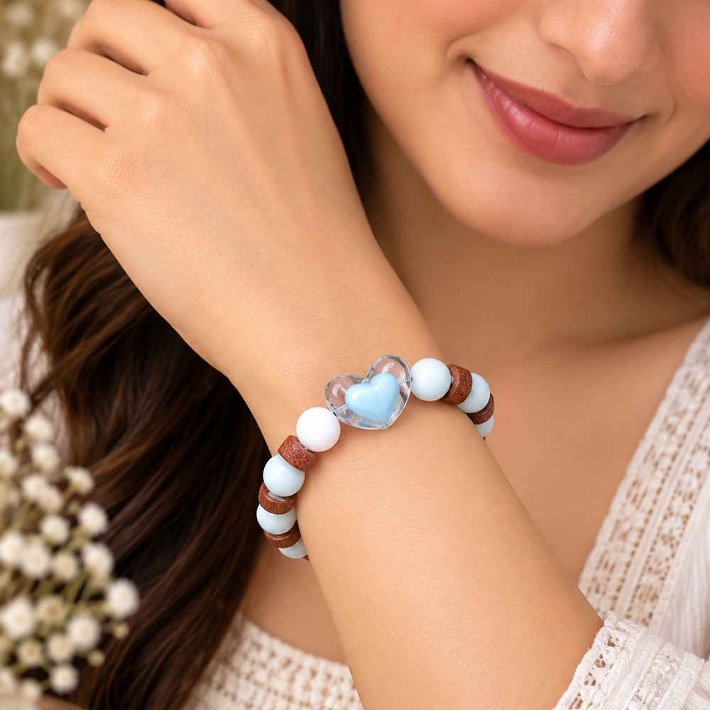 Urthn White Beaded Bracelet with Heart Charm & Wooden Bead Accents(Pack of 12)