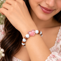 Urthn White Beaded Bracelet with Heart Charm & Wooden Bead Accents(Pack of 12)