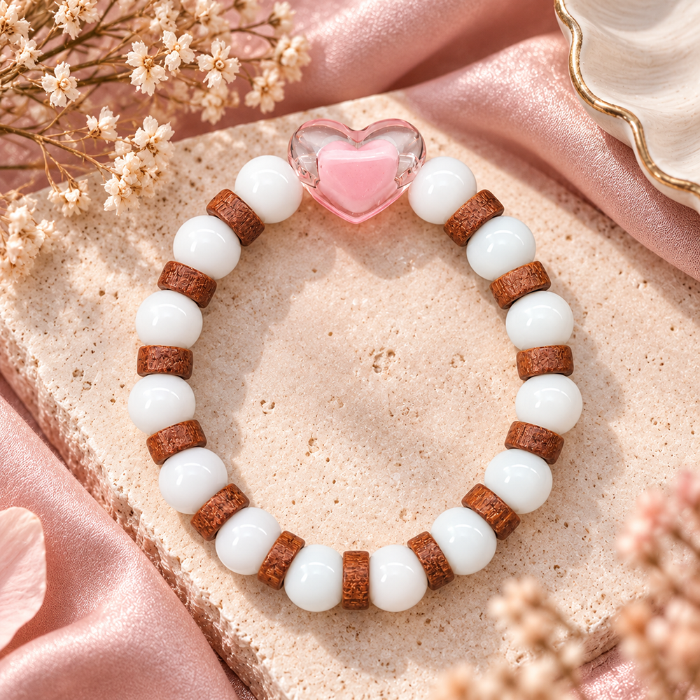 Urthn White Beaded Bracelet with Heart Charm & Wooden Bead Accents