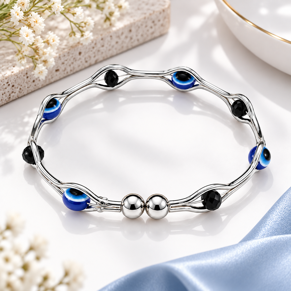 Urthn Silver Tone Oval Shape Evil Eye Adjustable Bracelet for Women