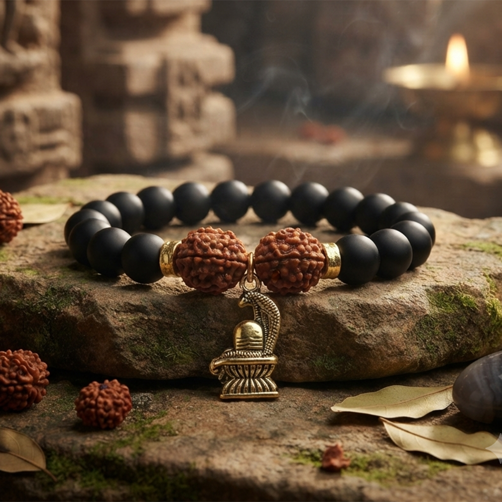 Urthn Rudraksha & Matte Beads Bracelet with Shivling Charm for Mens(Pack of 12)