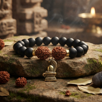 Urthn Rudraksha & Matte Beads Bracelet with Shivling Charm for Mens(Pack of 12)