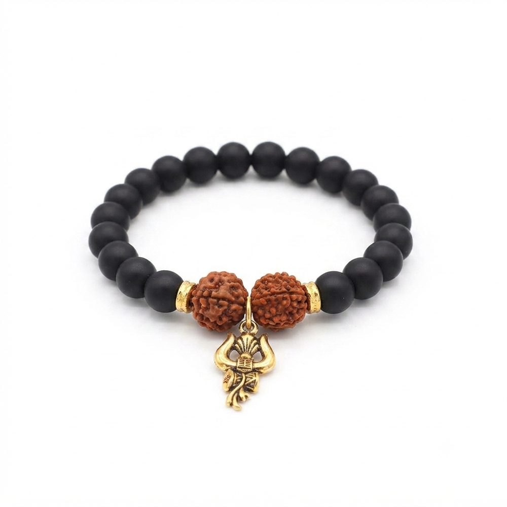 Urthn Rudraksha & Matte Beads Bracelet with Trishul Charm for Mens(Pack of 12)